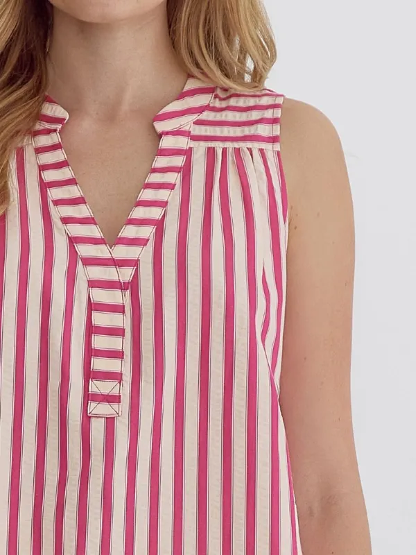 Hot Pink Striped V-Neck Sleeveless Top