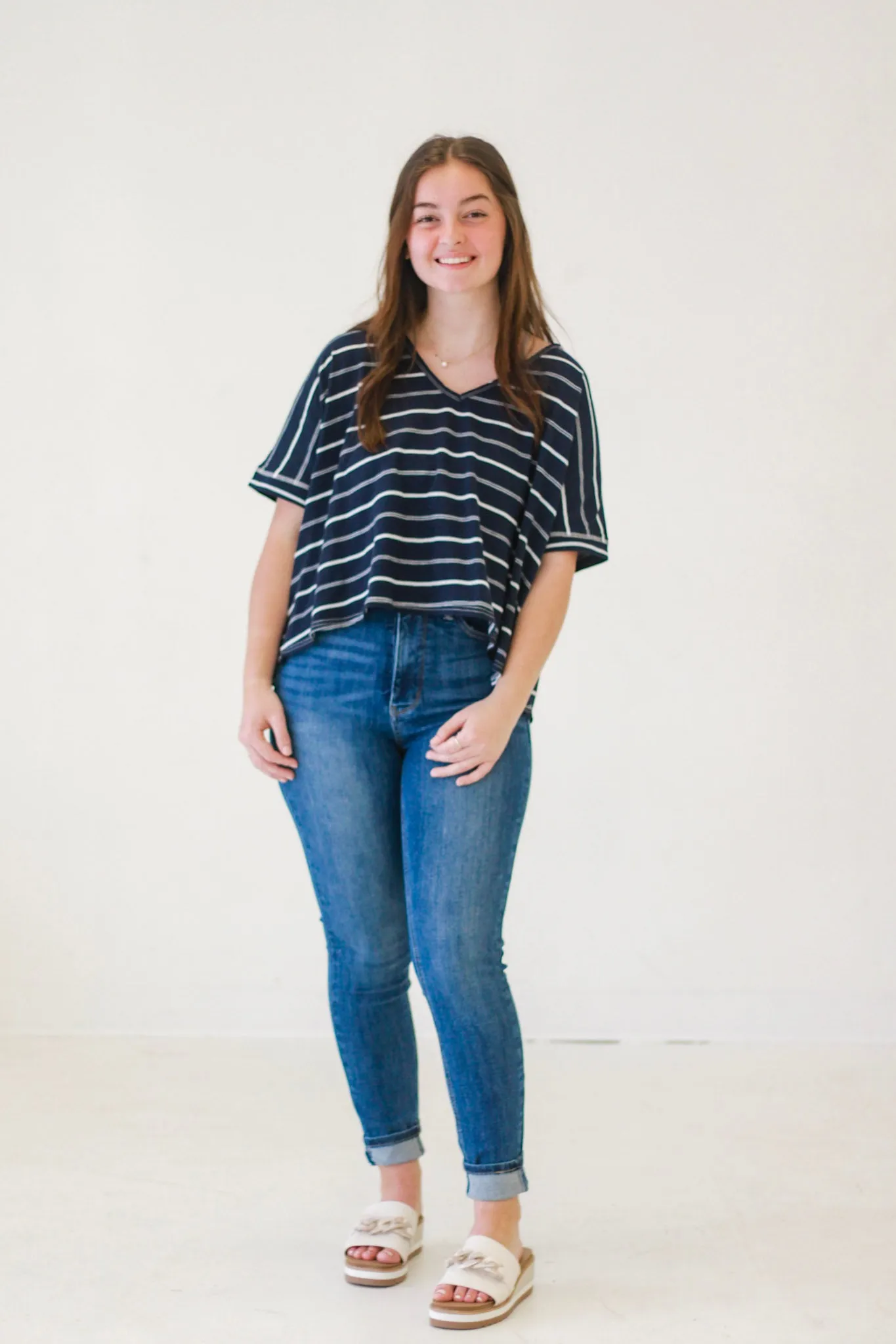 Isabella Shoulder V Neck Knit in Navy