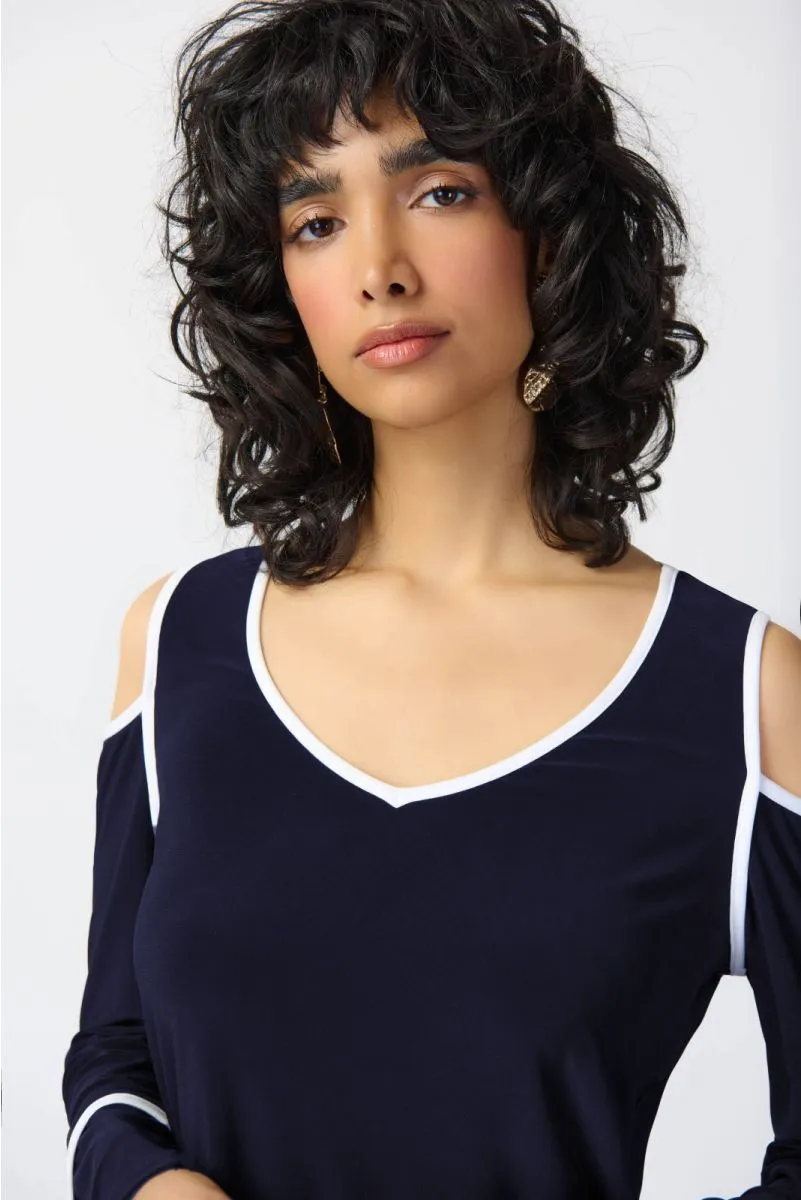 Joseph Ribkoff Contrast Trim V-Neck Cold Shoulder Top 241257