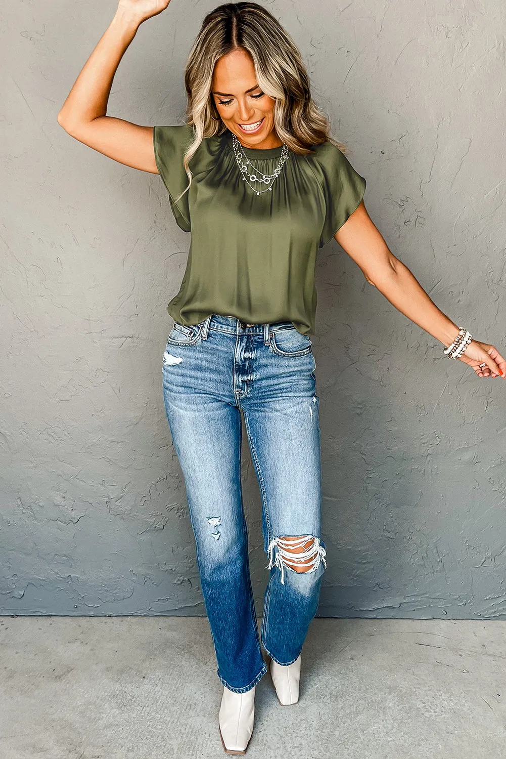 Jungle Green Pleated Round Neck Flutter Sleeve Top
