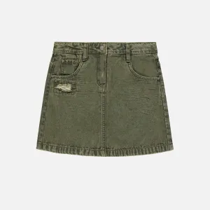 Jupe verte droite courte en denim extensible, enfant || Green short straight skirt in stretch denim, child