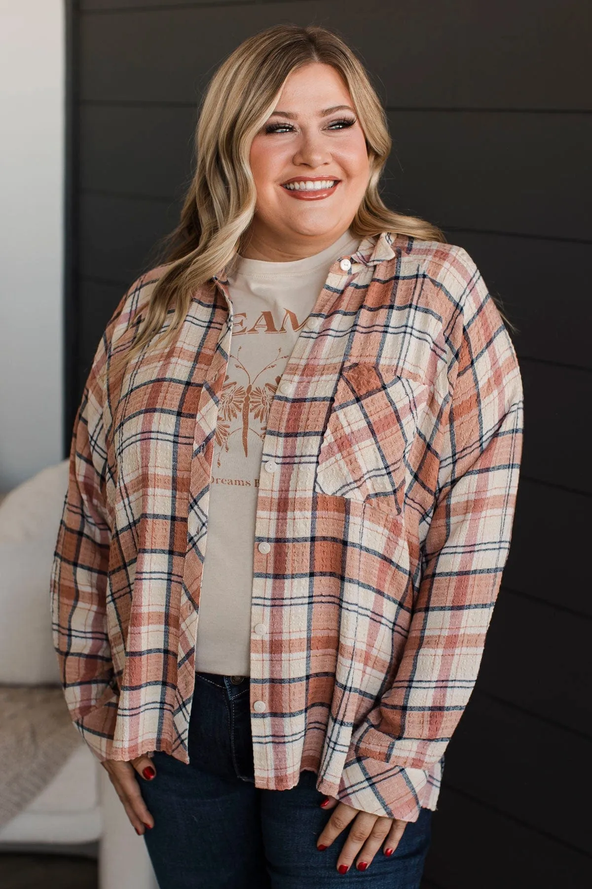 Keep Me In Mind Plaid Button Top- Mauve & Navy