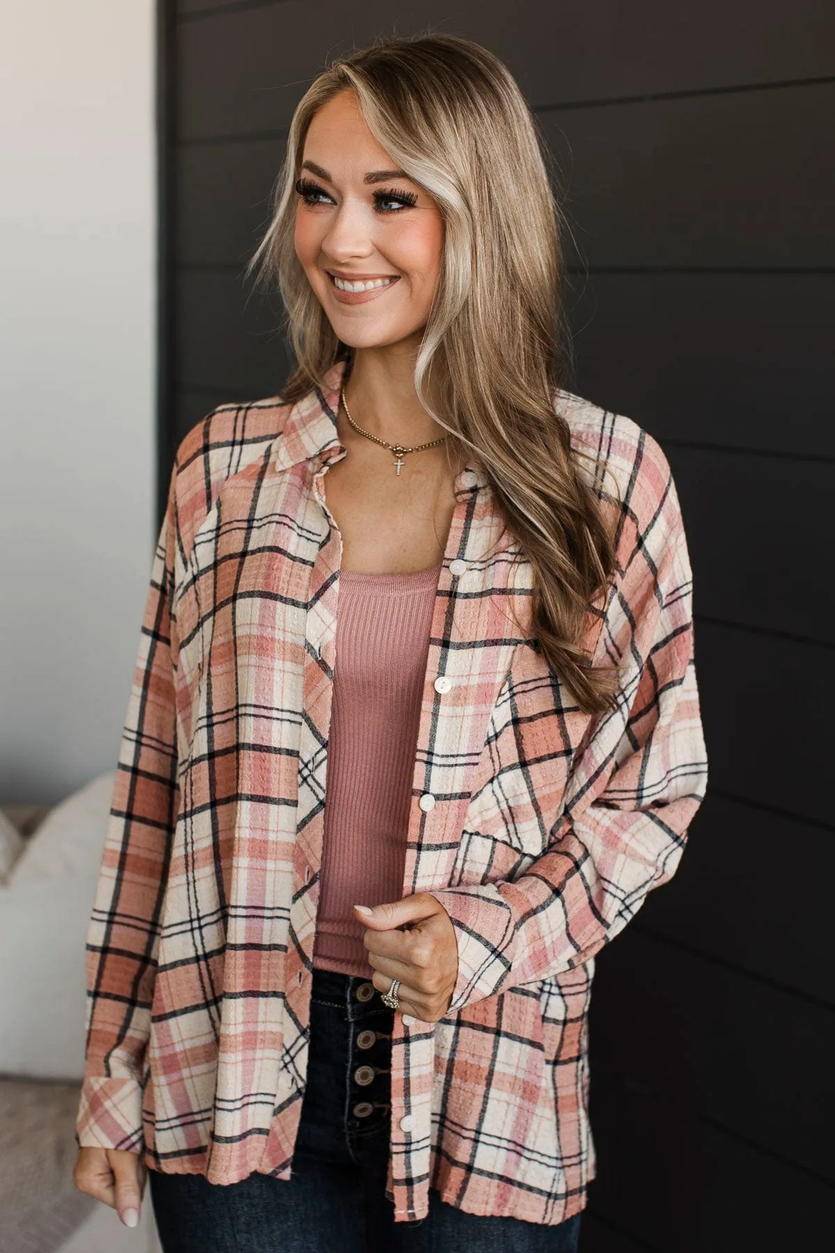Keep Me In Mind Plaid Button Top- Mauve & Navy