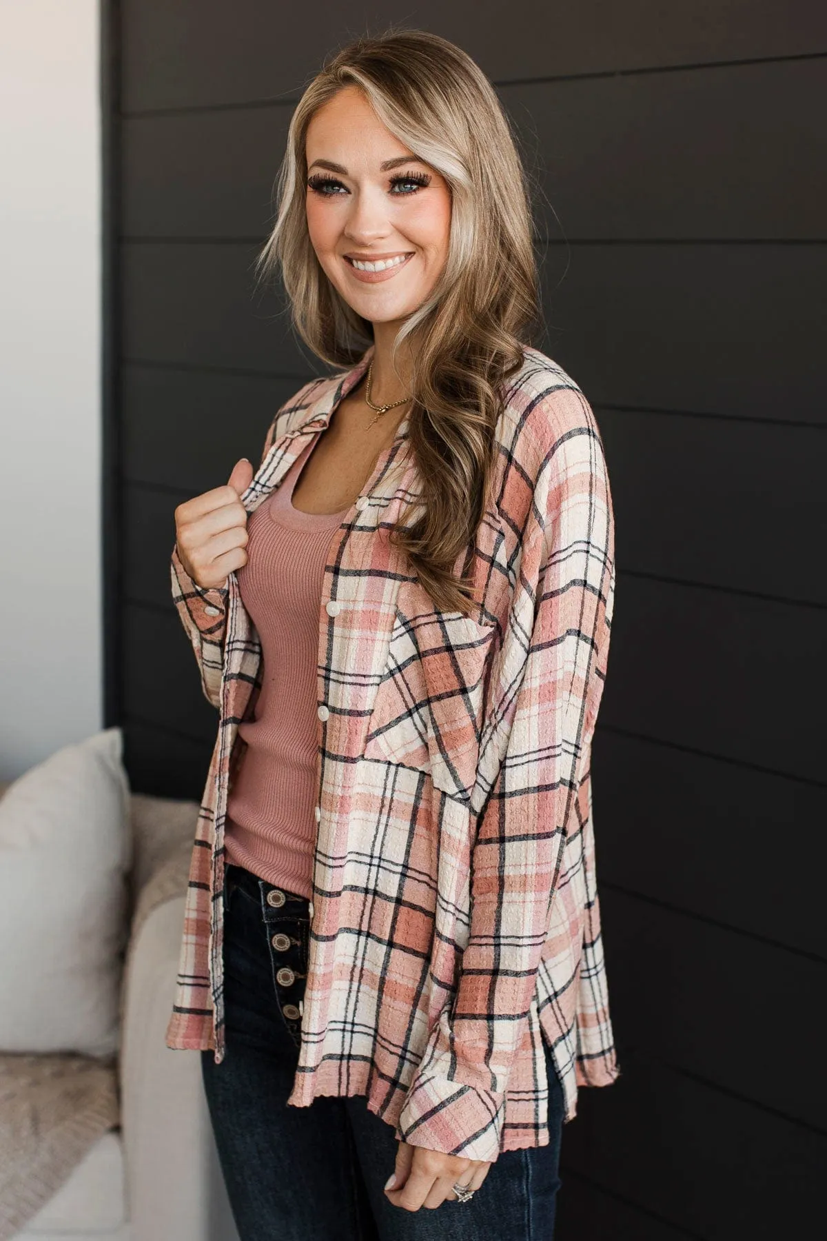 Keep Me In Mind Plaid Button Top- Mauve & Navy