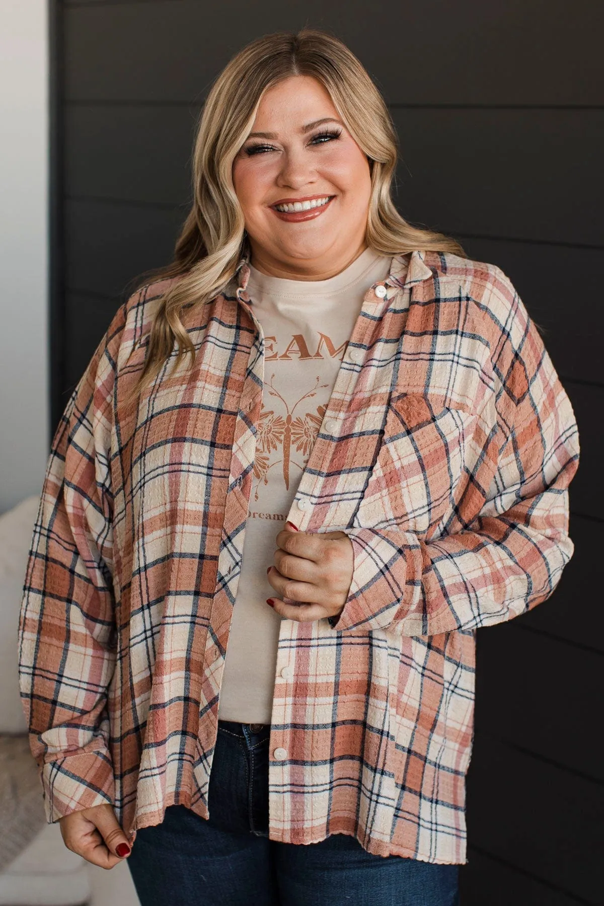 Keep Me In Mind Plaid Button Top- Mauve & Navy