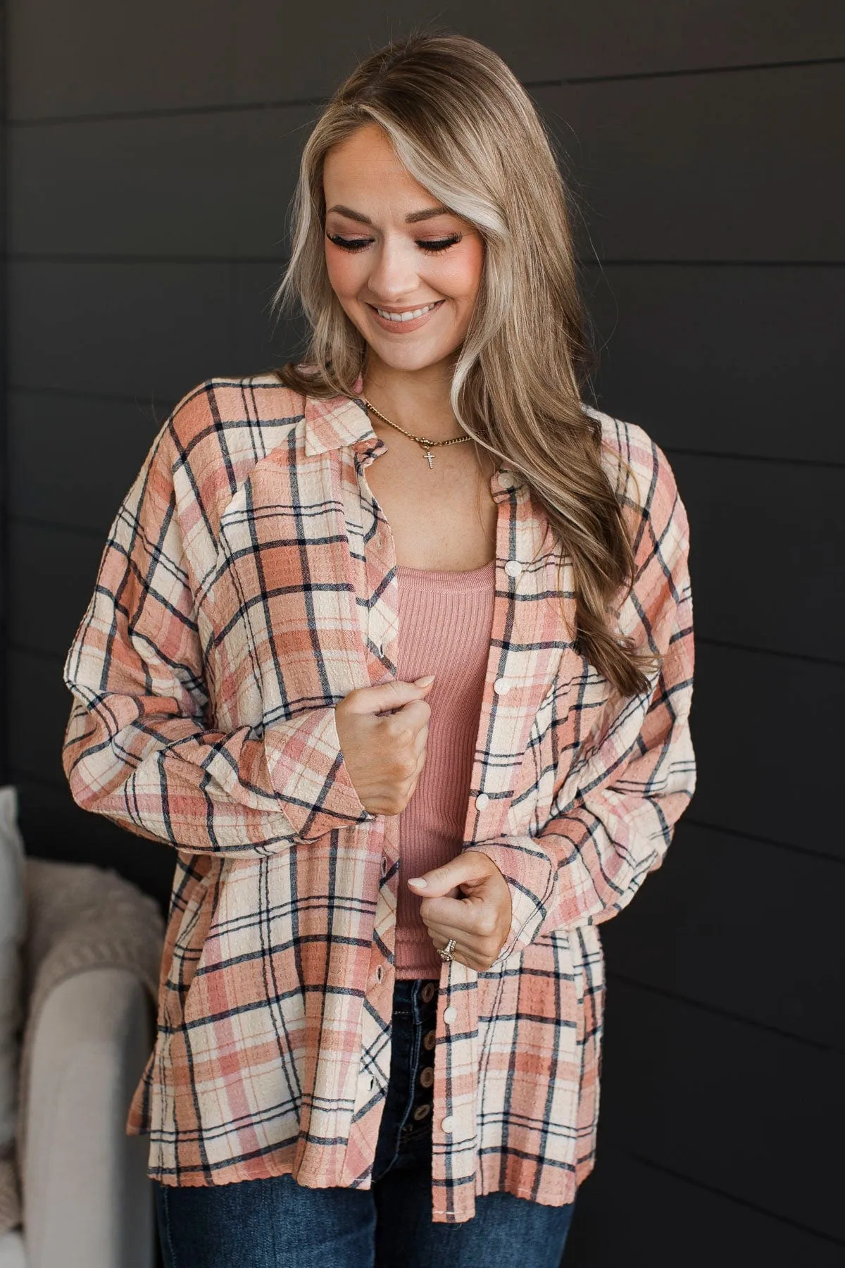 Keep Me In Mind Plaid Button Top- Mauve & Navy