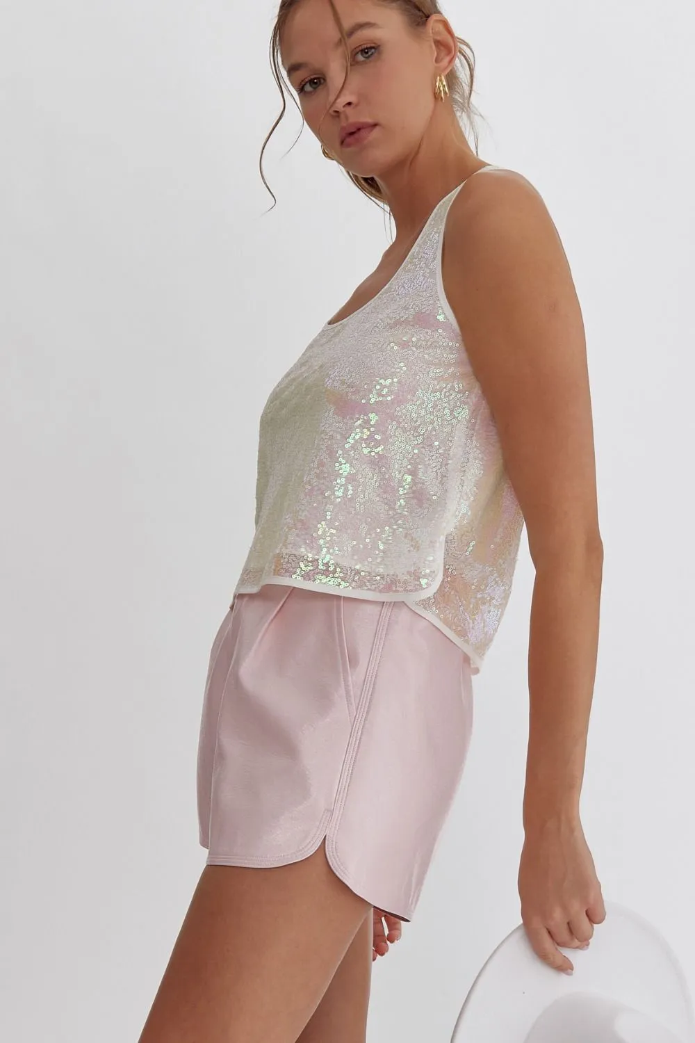 Kels Sequin Cropped Tank Top (Pearl)