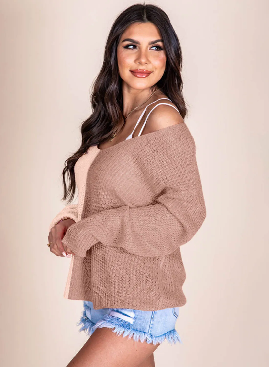 Khaki Pink Long Sleeve V-Neck Colorblock Sweater