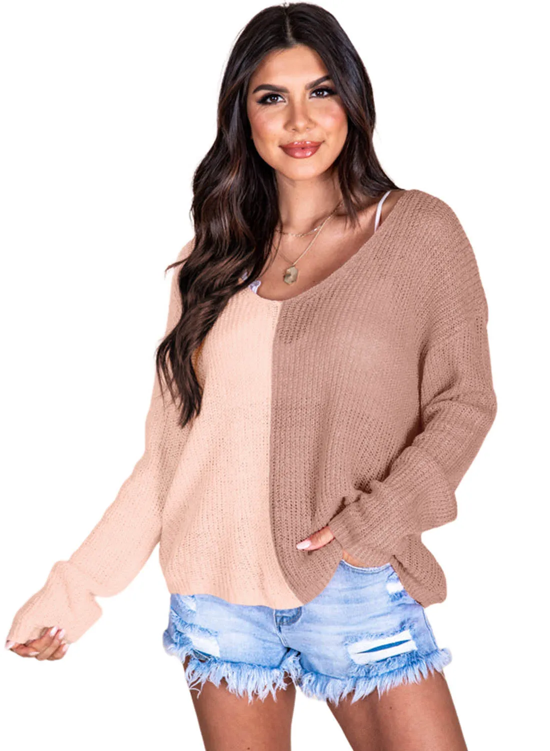 Khaki Pink Long Sleeve V-Neck Colorblock Sweater