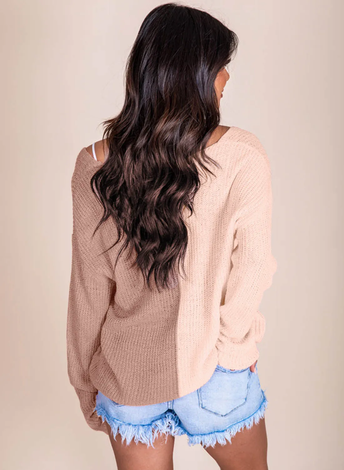 Khaki Pink Long Sleeve V-Neck Colorblock Sweater
