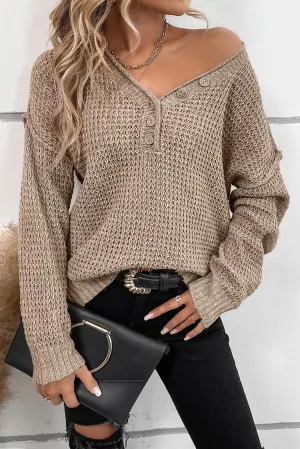 Khaki Pointelle Knit Button V Neck Drop Shoulder Sweater