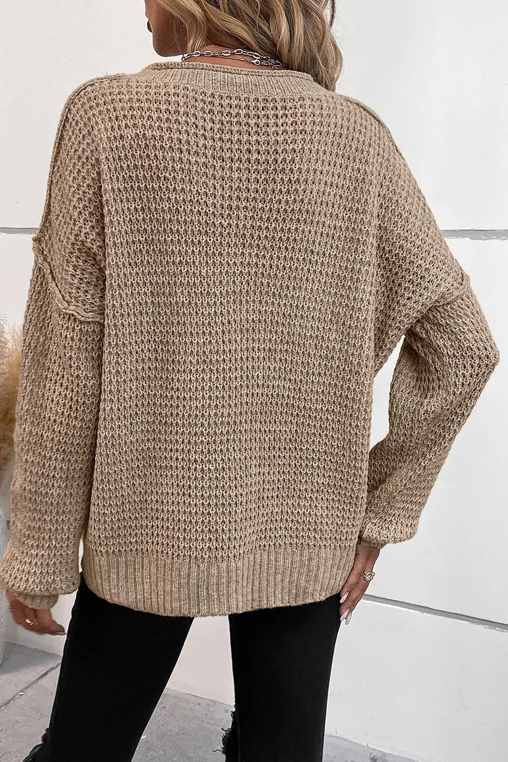 Khaki Pointelle Knit Button V Neck Drop Shoulder Sweater