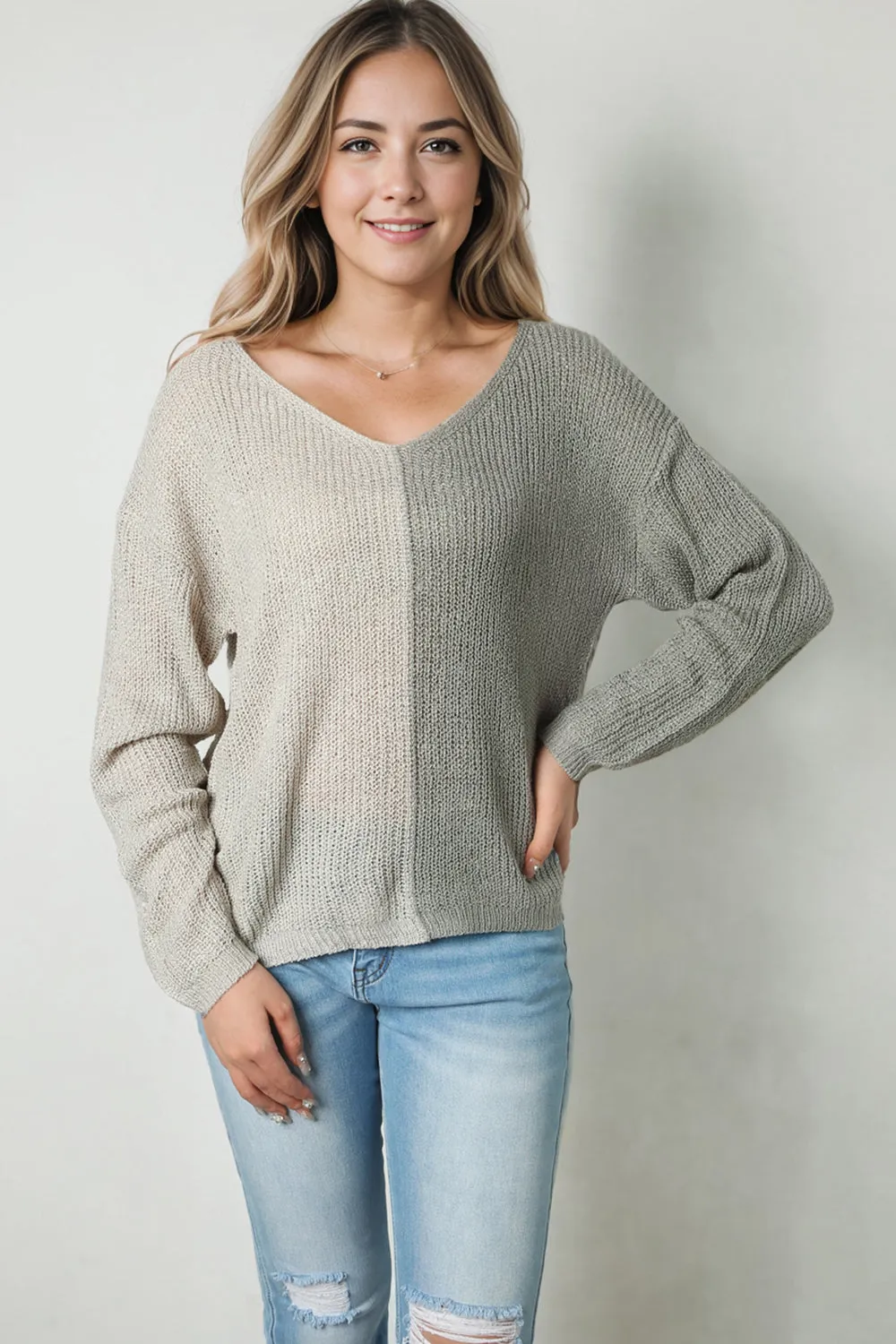 KHD Contrast Color V-Neck Long Sleeve Pullover Sweater (3 Colors)