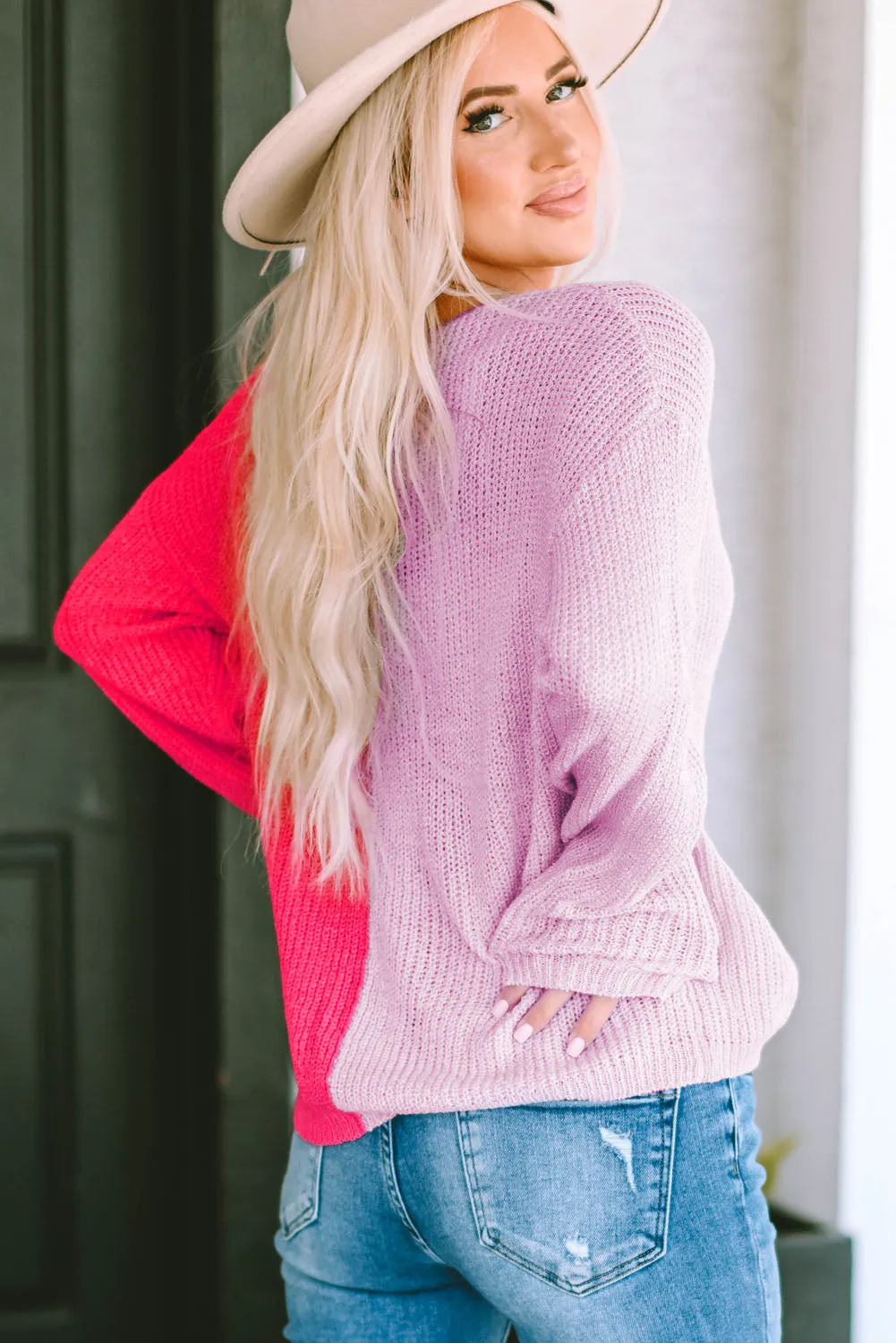 KHD Contrast Color V-Neck Long Sleeve Pullover Sweater (3 Colors)
