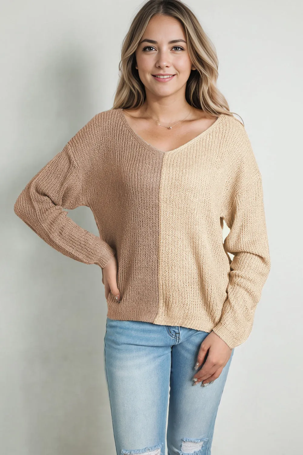 KHD Contrast Color V-Neck Long Sleeve Pullover Sweater (3 Colors)