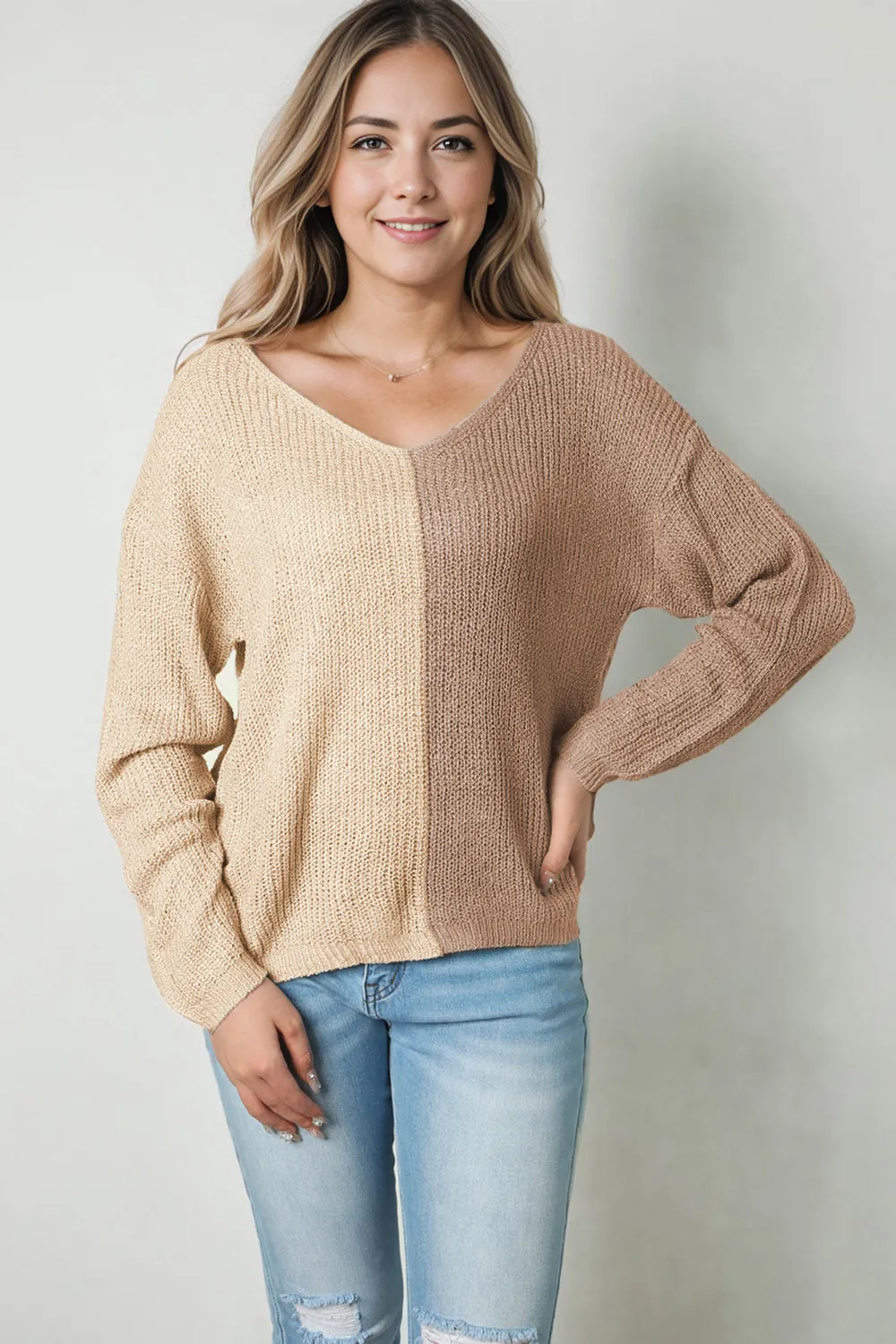 KHD Contrast Color V-Neck Long Sleeve Pullover Sweater (3 Colors)