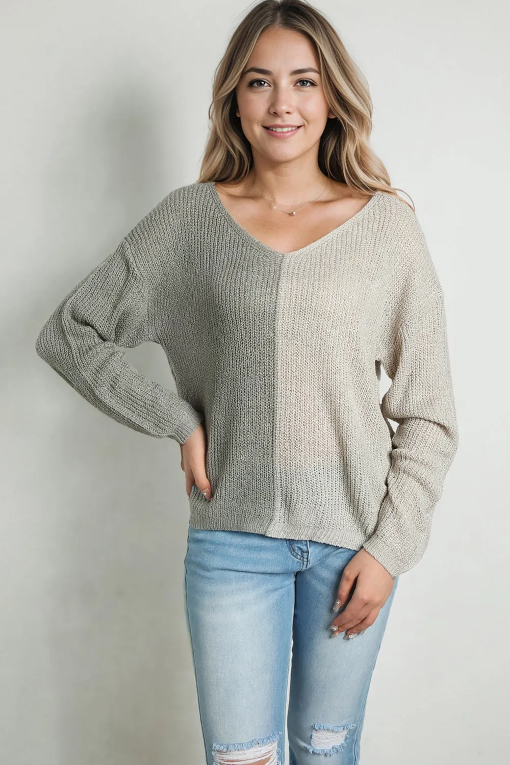 KHD Contrast Color V-Neck Long Sleeve Pullover Sweater (3 Colors)