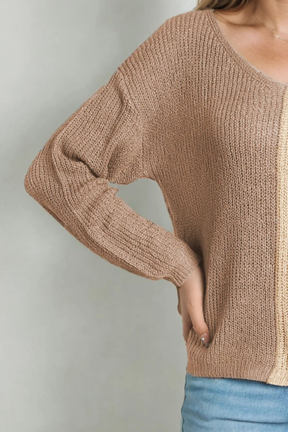 KHD Contrast Color V-Neck Long Sleeve Pullover Sweater (3 Colors)