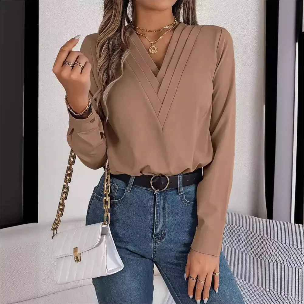 Layered V-Neck Long Sleeve Blouse – Slim Fit White Pullover for Office Chic, Autumn/Winter Fashion