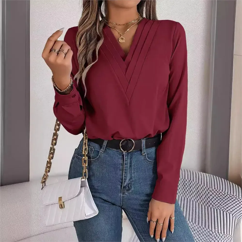 Layered V-Neck Long Sleeve Blouse – Slim Fit White Pullover for Office Chic, Autumn/Winter Fashion