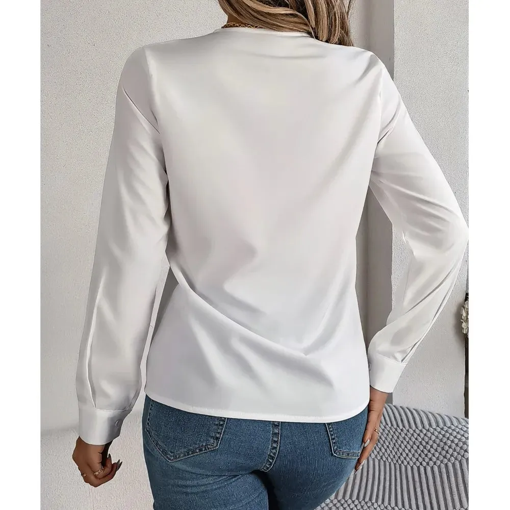 Layered V-Neck Long Sleeve Blouse – Slim Fit White Pullover for Office Chic, Autumn/Winter Fashion