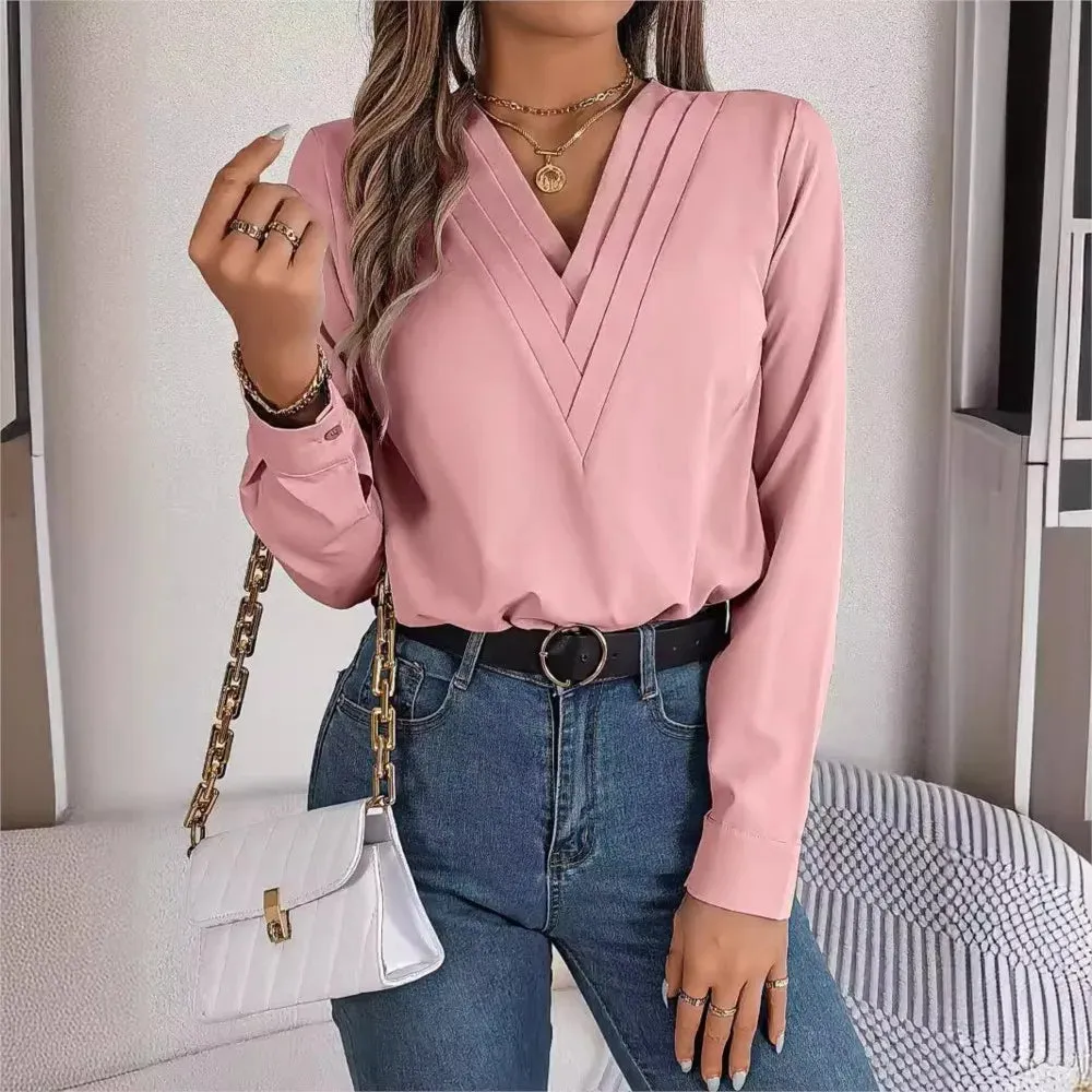 Layered V-Neck Long Sleeve Blouse – Slim Fit White Pullover for Office Chic, Autumn/Winter Fashion