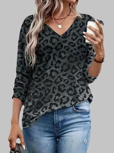 Leopard V-Neck Long Sleeve Top