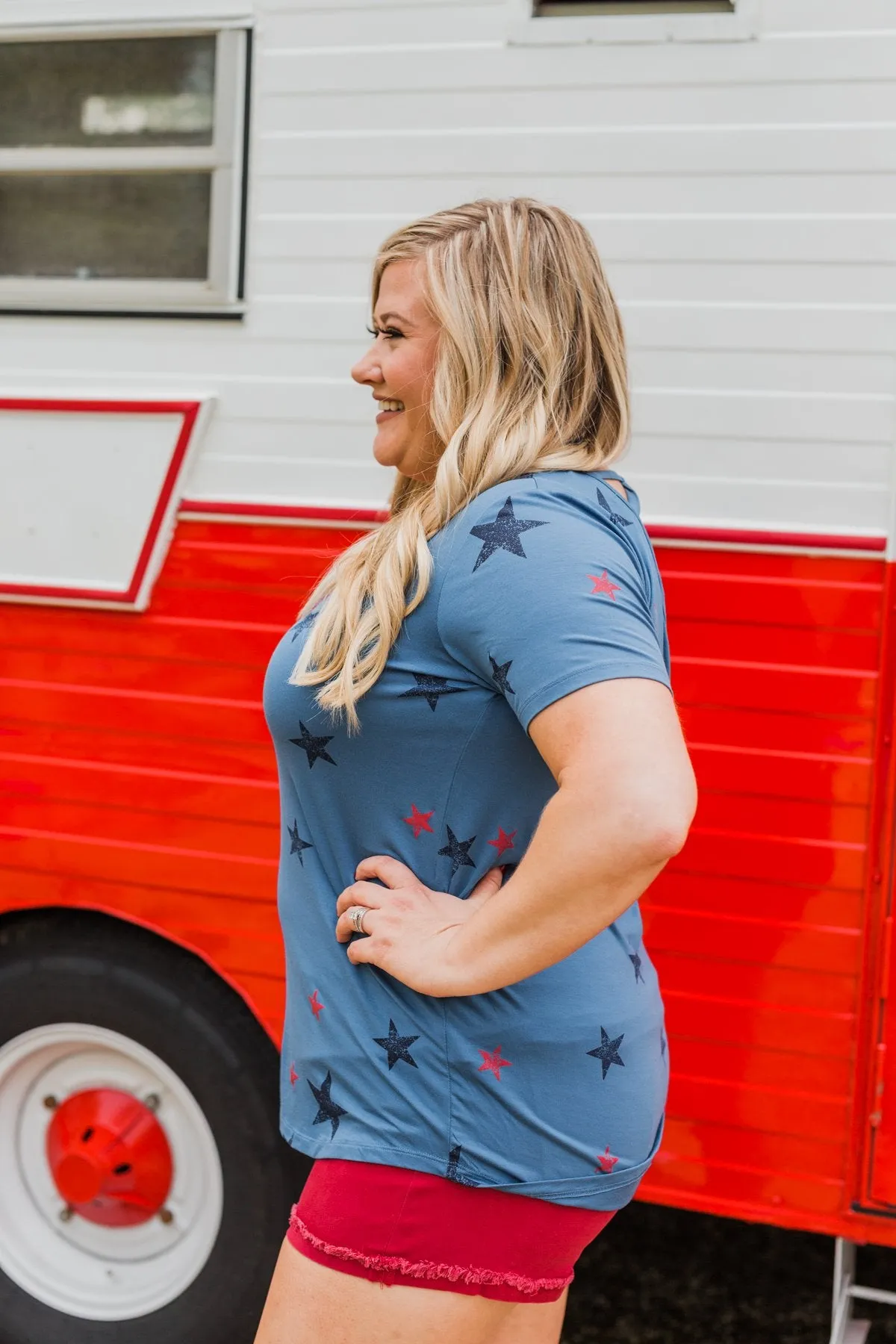 Let Freedom Ring Star V-Neck Top- Light Navy