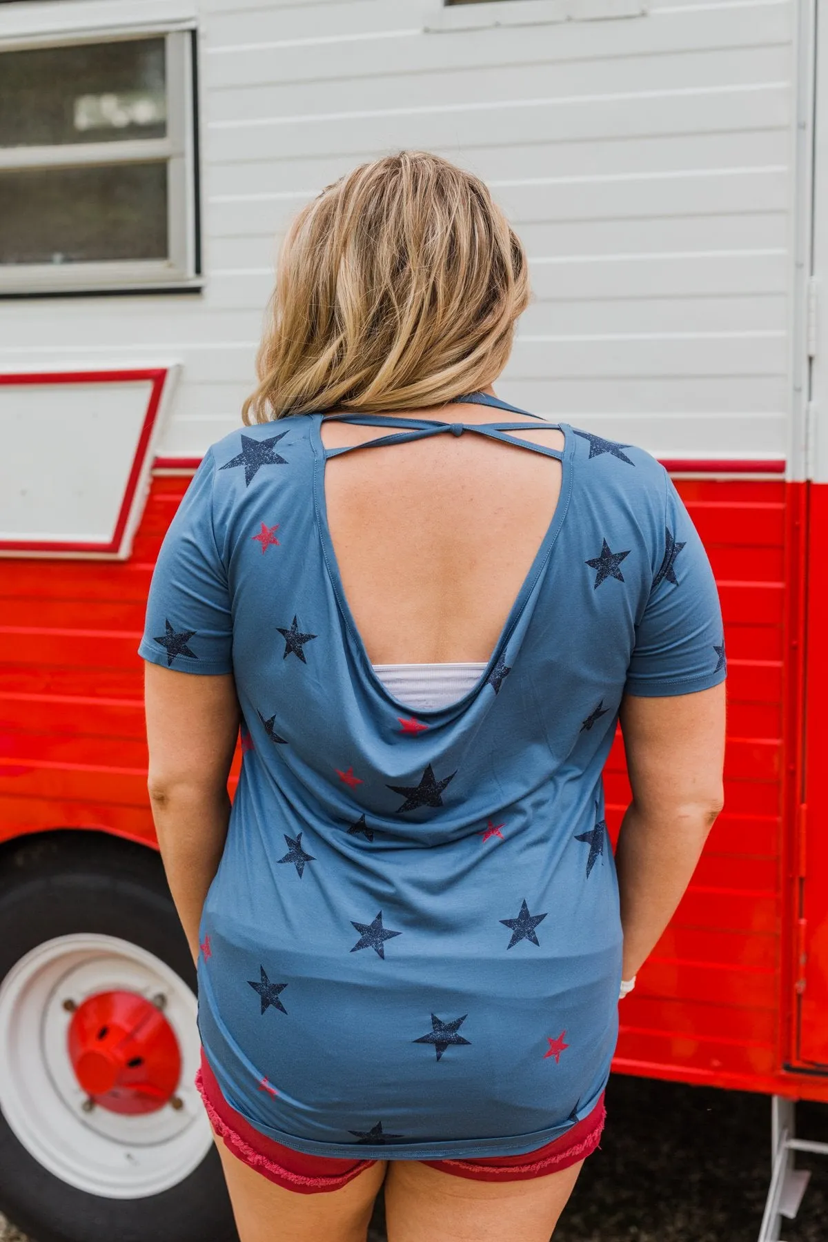 Let Freedom Ring Star V-Neck Top- Light Navy