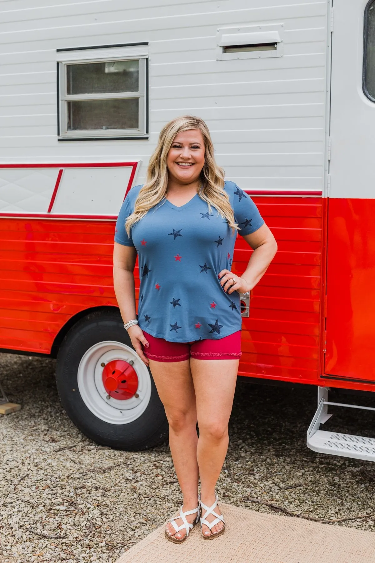 Let Freedom Ring Star V-Neck Top- Light Navy
