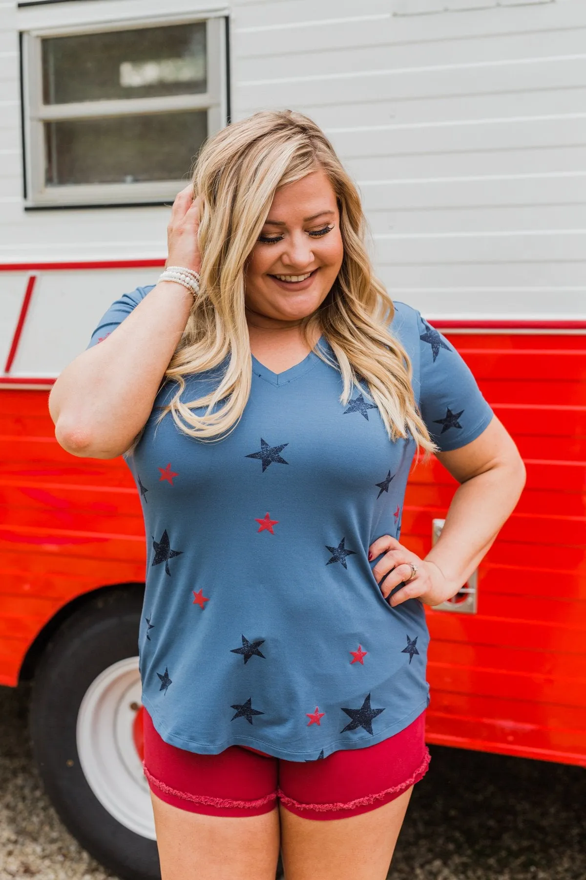 Let Freedom Ring Star V-Neck Top- Light Navy