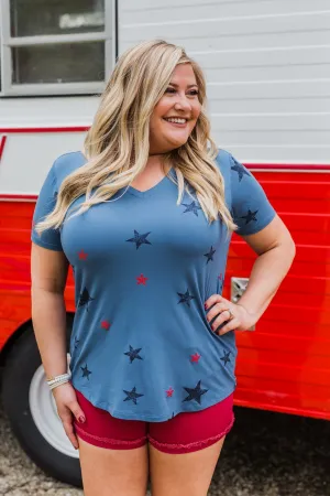 Let Freedom Ring Star V-Neck Top- Light Navy
