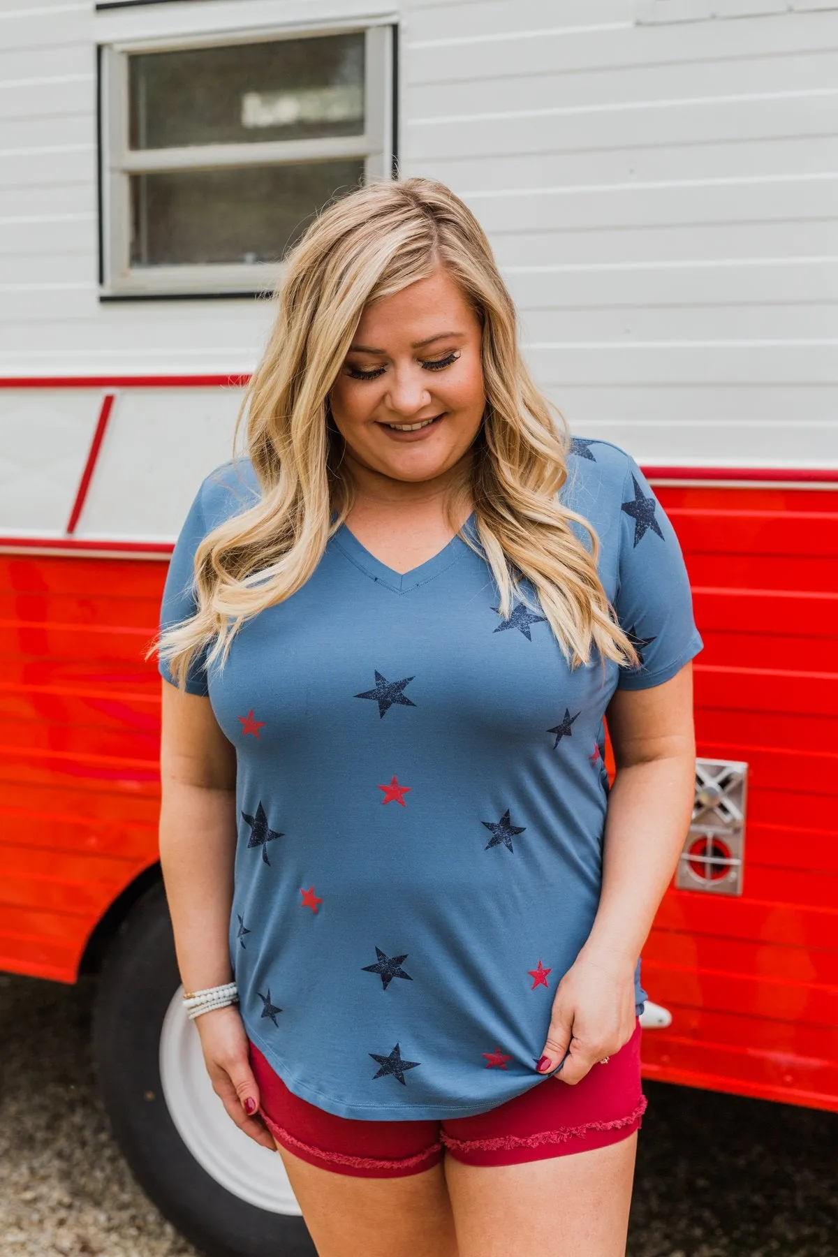 Let Freedom Ring Star V-Neck Top- Light Navy