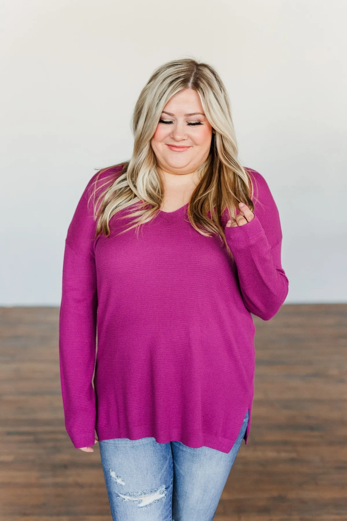 Life In Full Bloom V-Neck Knit Top- Magenta