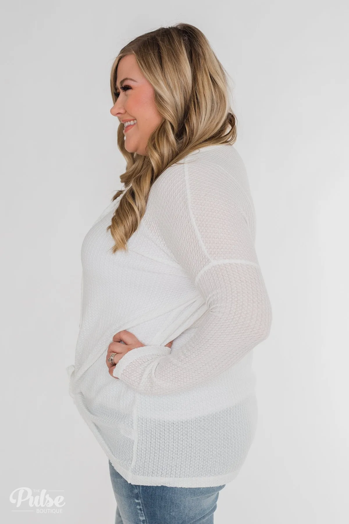 Long Sleeve Button-Up Thermal Top- White