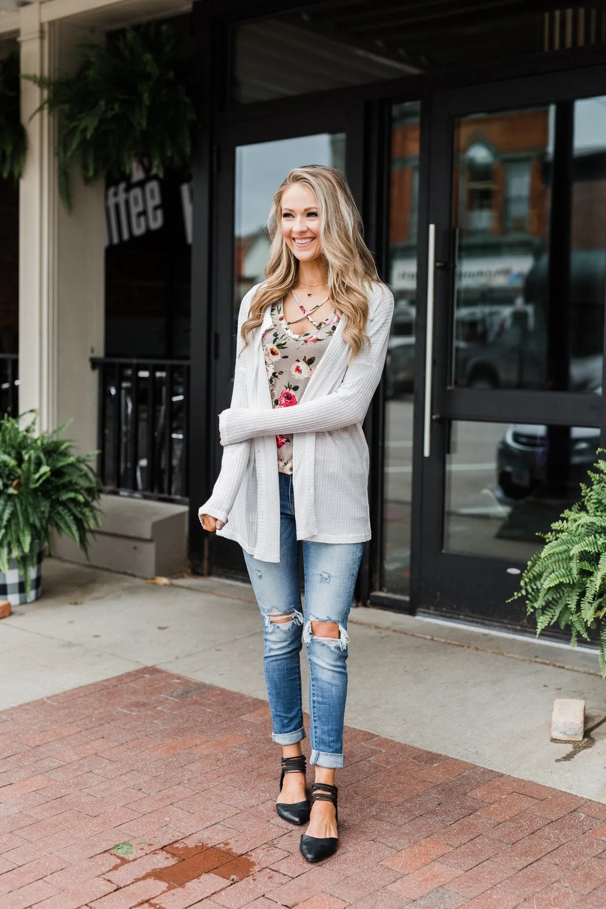 Long Sleeve Button-Up Thermal Top- White