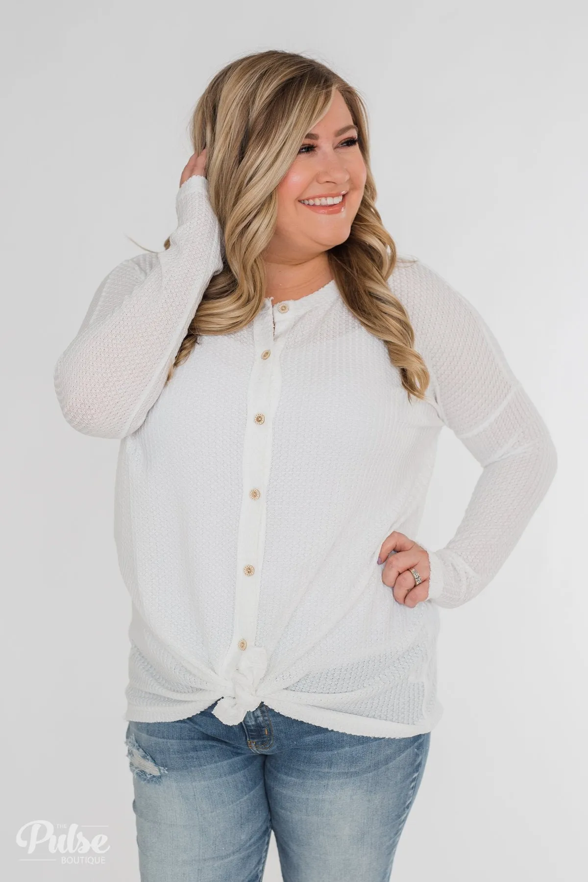 Long Sleeve Button-Up Thermal Top- White