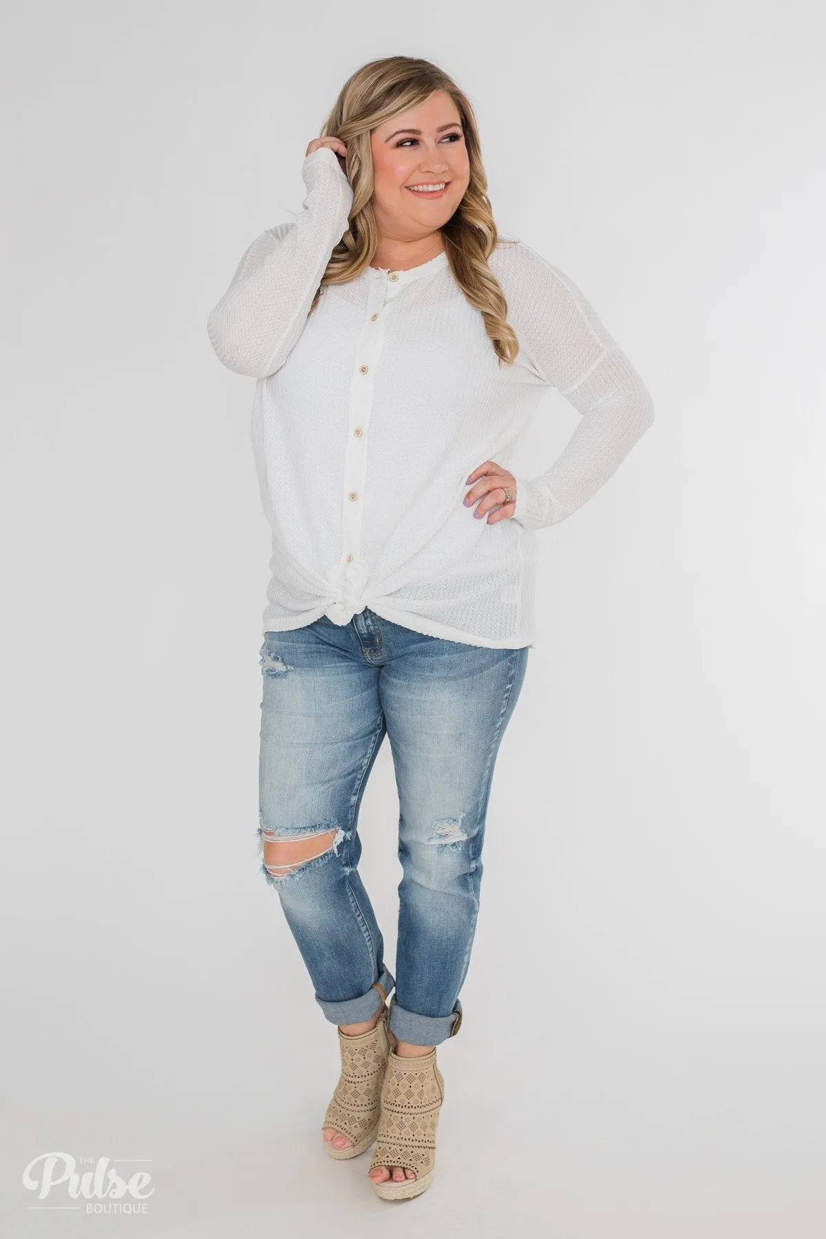 Long Sleeve Button-Up Thermal Top- White