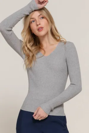 Long Sleeve V-neck Fitted Viscose Rib Sweater Top: Heather Grey