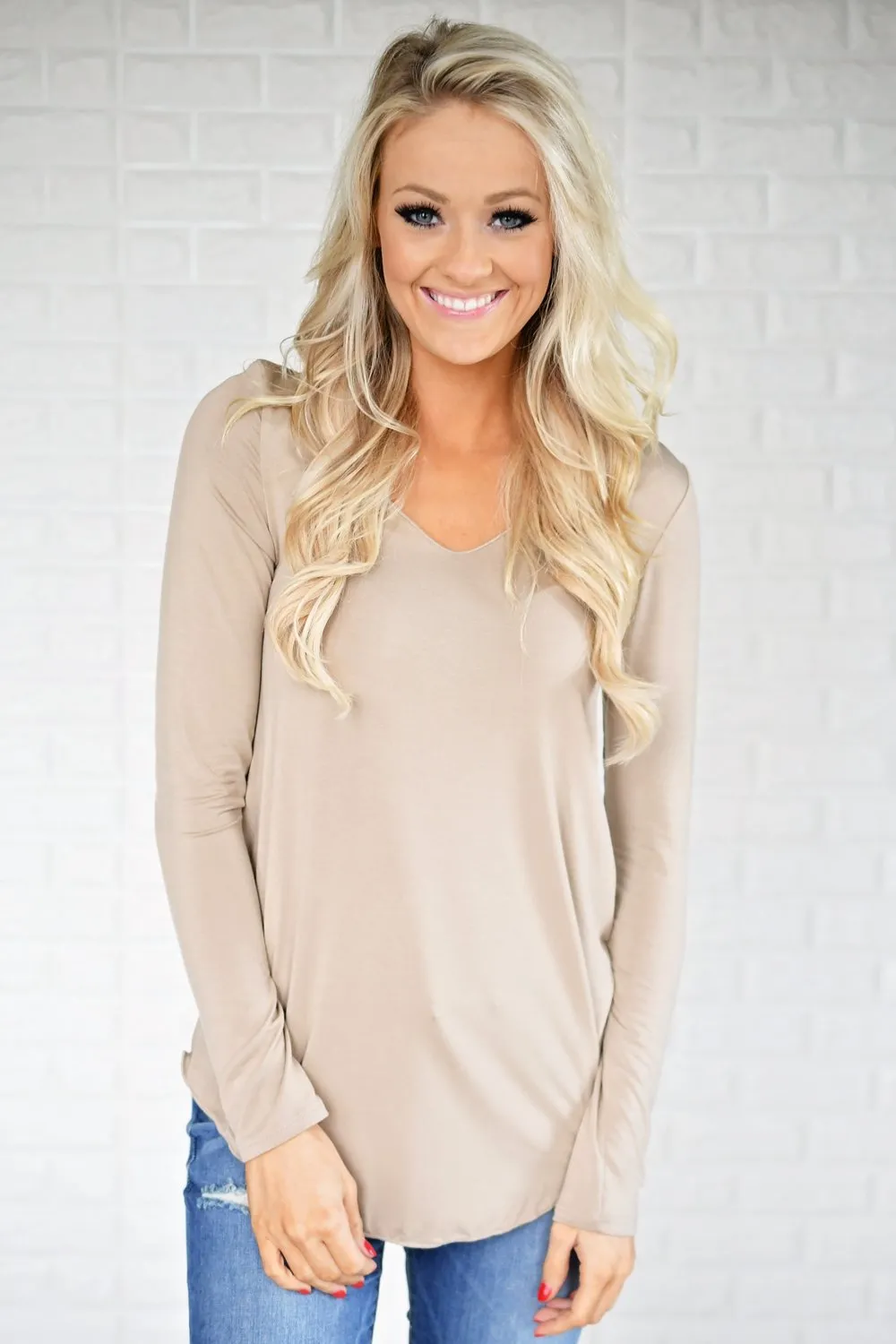 Long Sleeve V-Neck Top ~ Taupe