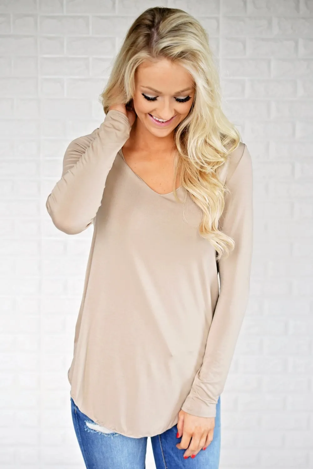 Long Sleeve V-Neck Top ~ Taupe