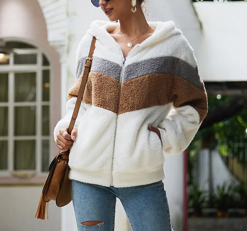 Long-sleeved Splicing Wool Coat Hooded Loose Sweatshirt