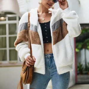 Long-sleeved Splicing Wool Coat Hooded Loose Sweatshirt
