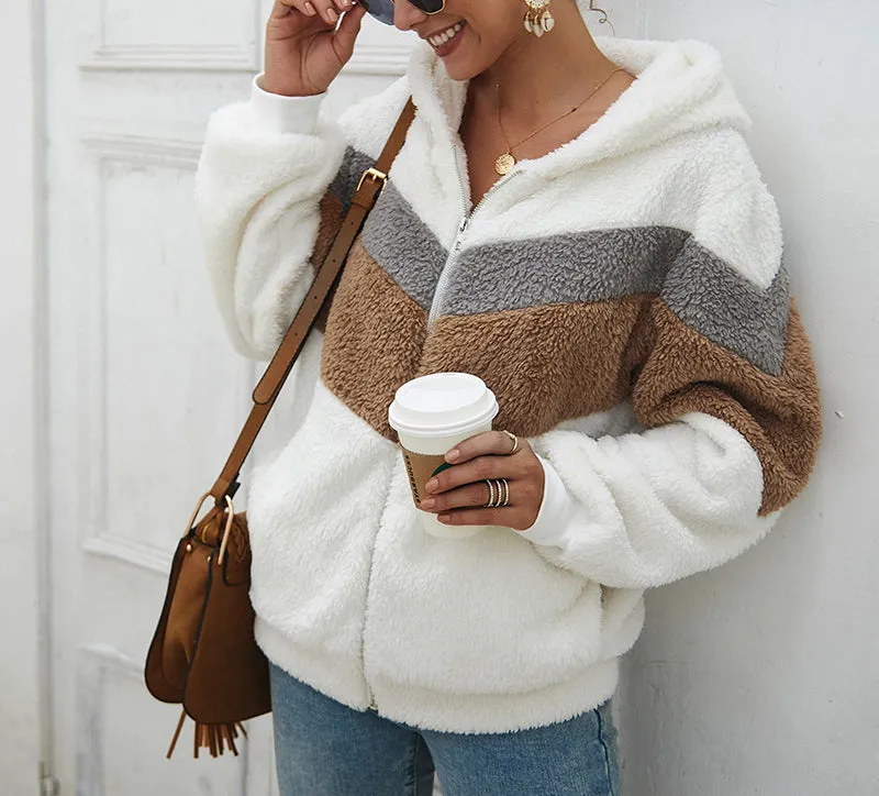 Long-sleeved Splicing Wool Coat Hooded Loose Sweatshirt