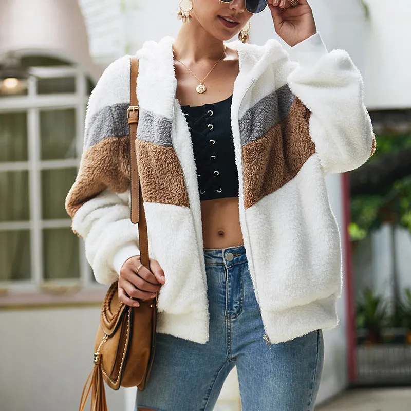 Long-sleeved Splicing Wool Coat Hooded Loose Sweatshirt