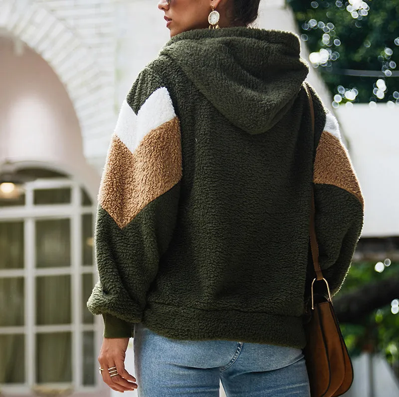 Long-sleeved Splicing Wool Coat Hooded Loose Sweatshirt