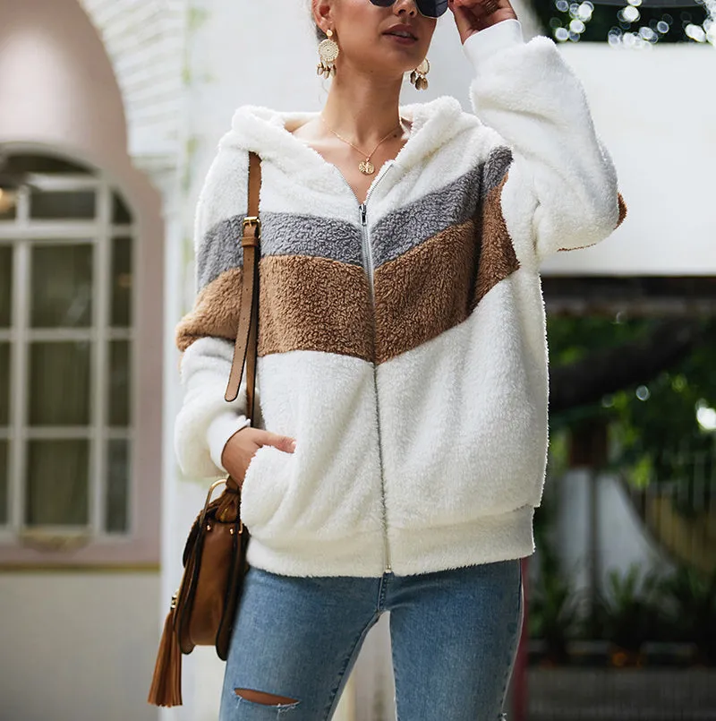 Long-sleeved Splicing Wool Coat Hooded Loose Sweatshirt