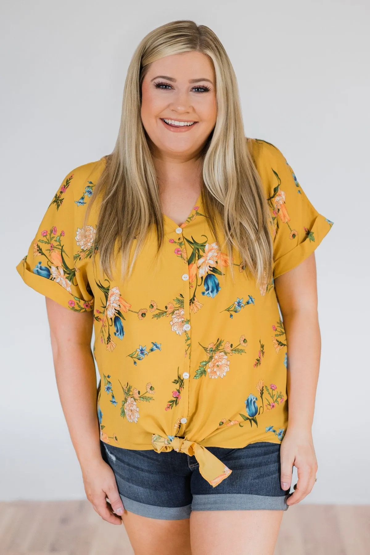 Looking Fine in Floral Tie Top- Mustard