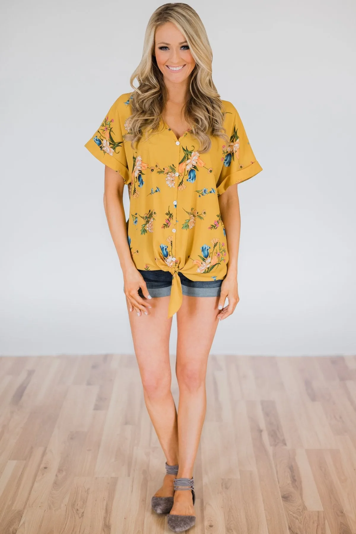 Looking Fine in Floral Tie Top- Mustard