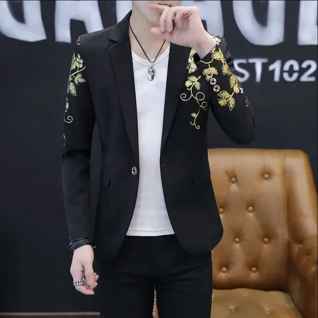 Luxury Gold Print Blazer Masculino Slim Fit Men Blazer Hombre Stage Cloth for Dj Singer Chaqueta Hombre Mens Blazers ( 1 Piece )